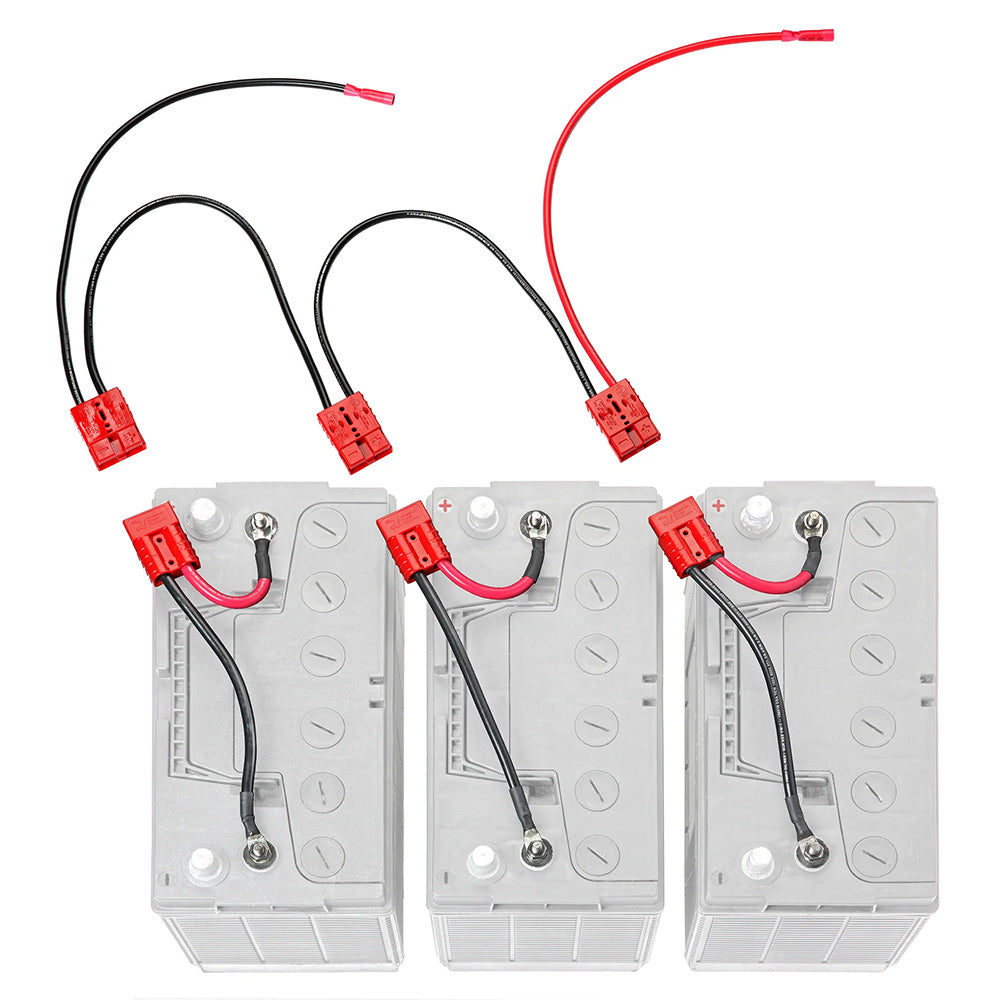 Three battery packs with red and black wires on a white background