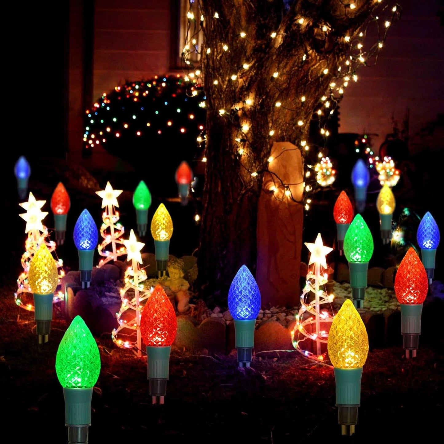 20-Pack Solar C9 Multi-Color Garden Stake Lights for Christmas Tree, Garden, Patio, Yard, Pathway