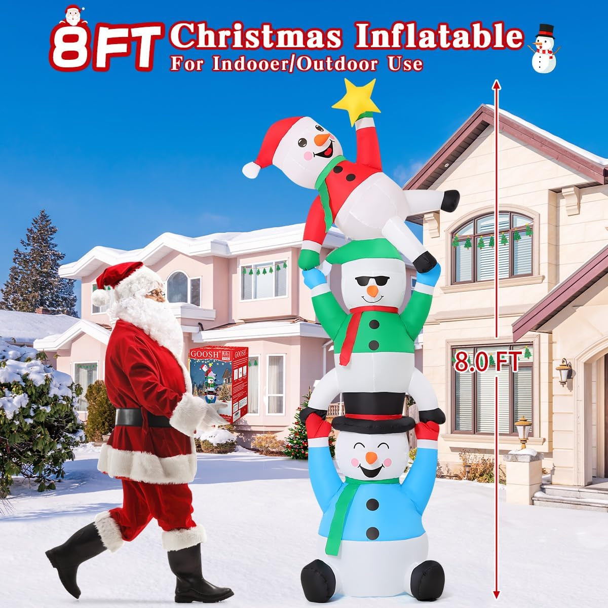 8 FT Christmas Snowman Inflatable Decoration Blow up Three Snowman Pick Stars Blow up Holiday Indoor Outdoor Party Garden Yard Decoration