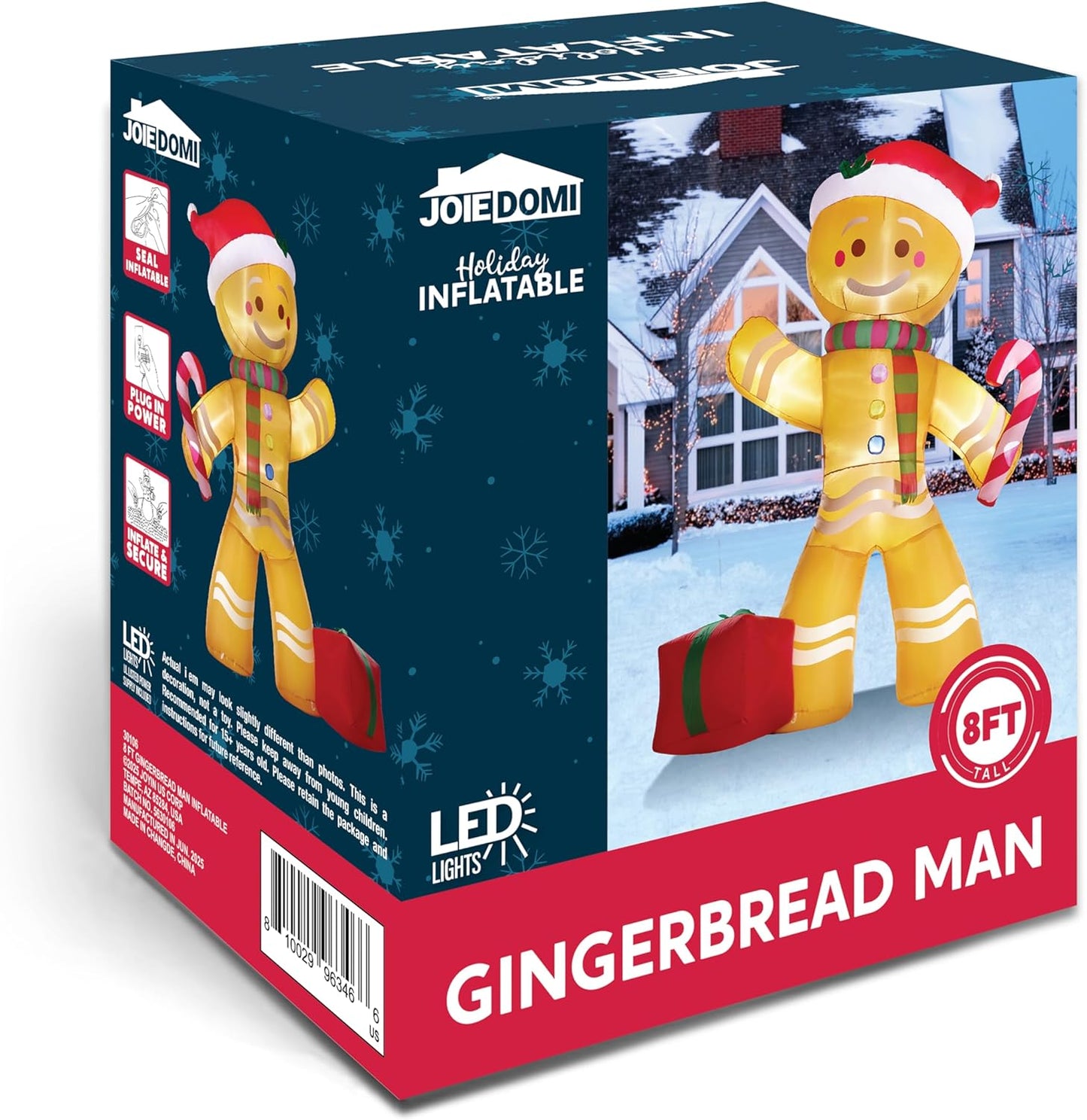 8 FT Christmas Inflatables Gingerbread Man with Candy Cane, Christmas Blow Ups Gingerbread Inflatable Yard Decoration with Build-In Leds for Xmas, Party, Outdoor, Yard, Garden, Lawn Décor