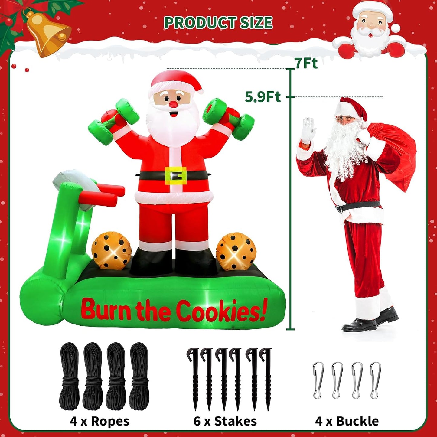 7FT Christmas Inflatable Santa Decorations, Santa on Treadmill with Dumbbells, Funny Fitness Santa Outdoor Blow up Yard Decoration with Built-In LED Lights for Holiday Garden, Lawn, Patio