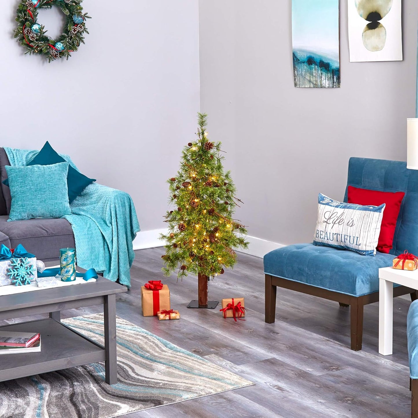 4Ft. Wyoming Alpine Artificial Christmas Tree with 50 Clear (Multifunction) LED Lights and Pine Cones on Natural Trunk