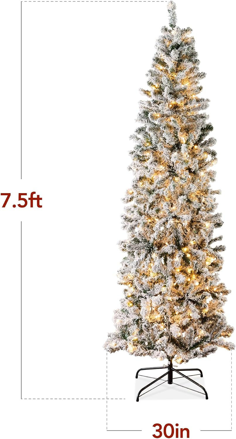 7.5Ft Flocked Pencil Christmas Tree W/Twinkling Leds, Pre-Lit Slim Artificial Holiday Decoration, Lighted Skinny W/Base, 350 Lights, 641 Tips, Warm White Lights