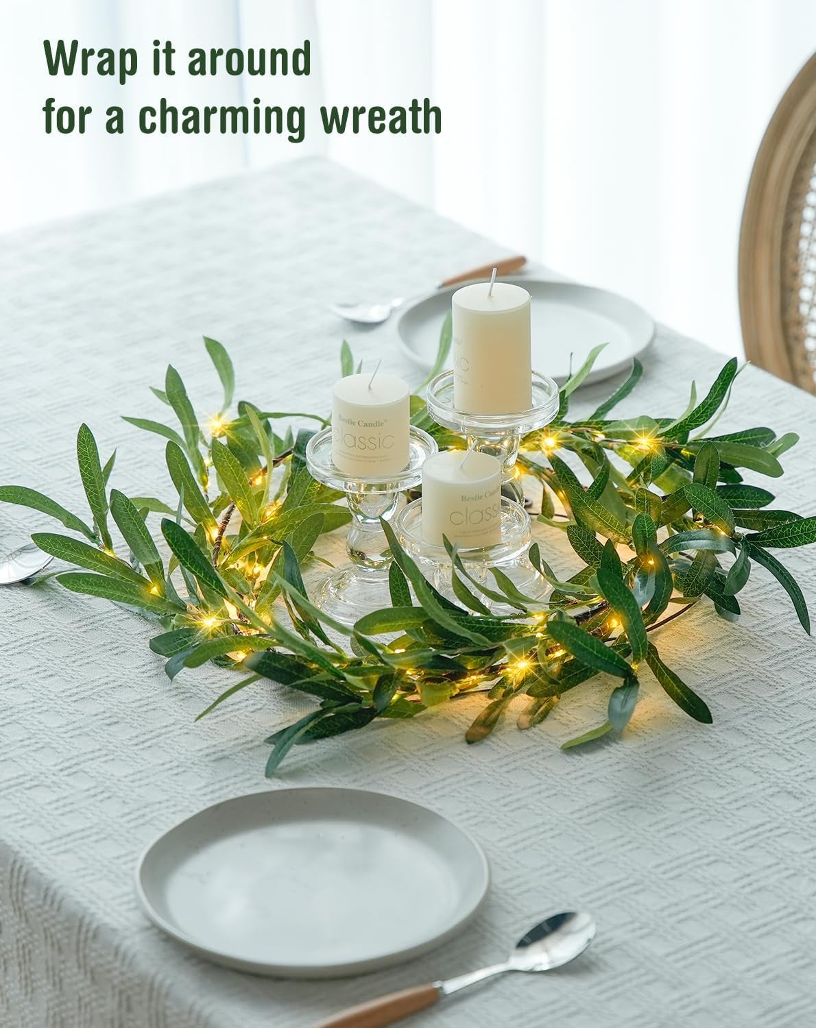 100 LED 6 Ft Artificial Olive Lighted Garland for Fireplace Decor