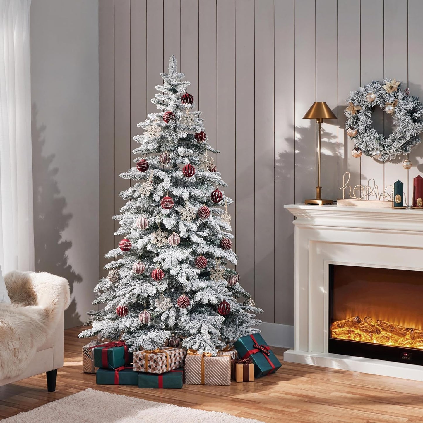 6Ft Pre-Lit Artificial Christmas Tree with 400 Warm White LED Lights & 940 PVC Tips,Hinged Snow Flocked Xmas Tree with Foldable Stand & Protective Foot Caps,Green & White