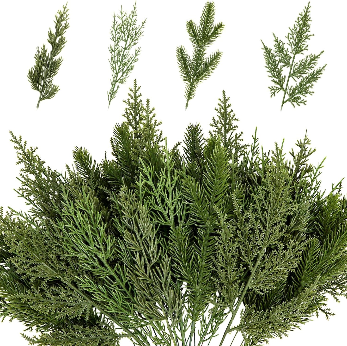 40 Pcs Artificial Pine Branches Assorted Faux Pine Stems Cedar Leaves Needle Sprigs Plastic Fake Christmas Greenery Pine Picks for Xmas Tree Wreaths Garlands DIY Accessories Home Decor (40, Green)