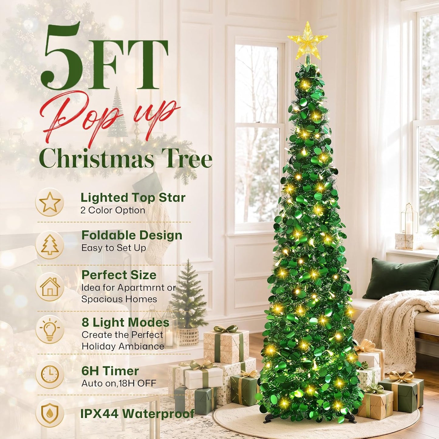 5FT Pop up Christmas Tree with Lighted Top Star for Christmas Decorations
