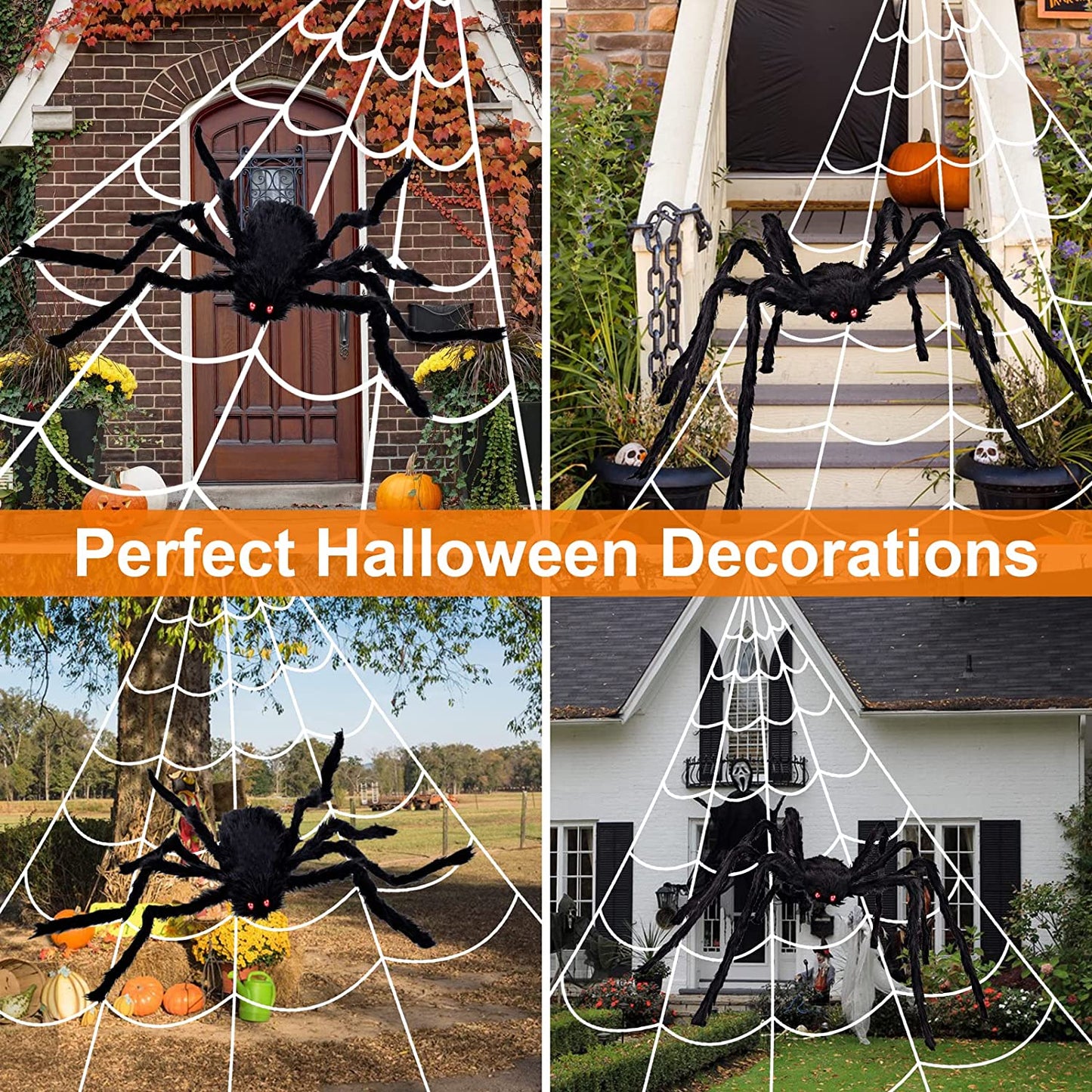 KUCHEY Halloween Decorations Outdoor 200'' Triangular Spider Web+47'' Giant Fake Spiders, Halloween Decor Indoor Clearance for Home outside Yard Costumes Party Haunted House Garden Lawn