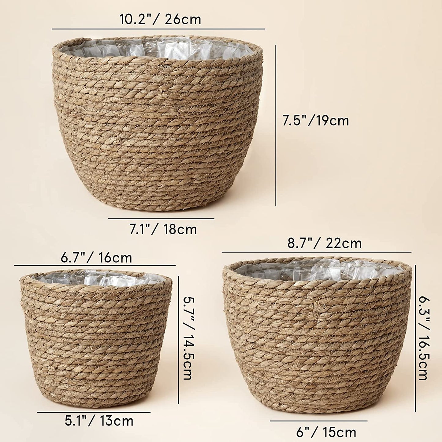 La JolĂe Muse Seagrass Planter Basket Indoor, Flower Pots Cover, Plant Containers, Natural(3-Pack)