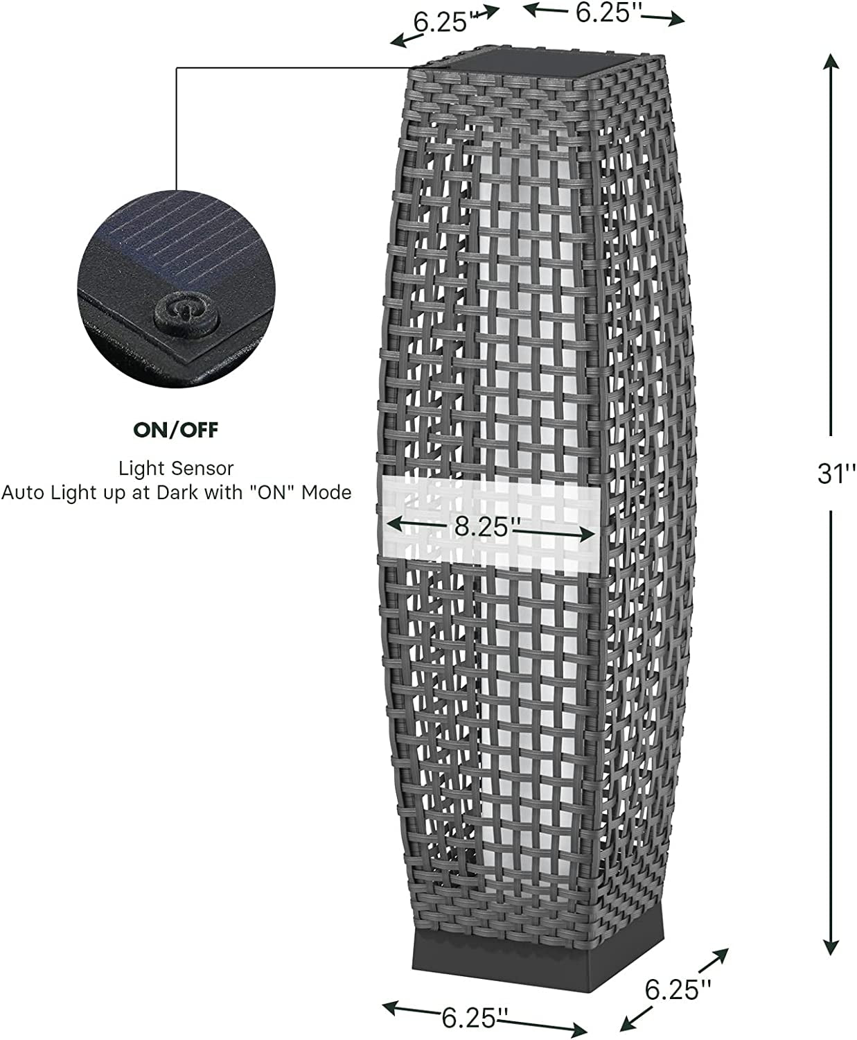 Outdoor Solar Powered Resin Wicker Floor Lamp, Outdoor Weather-Resistant Deck Light, for Garden or Porch -Large Fuji, Silver Gray