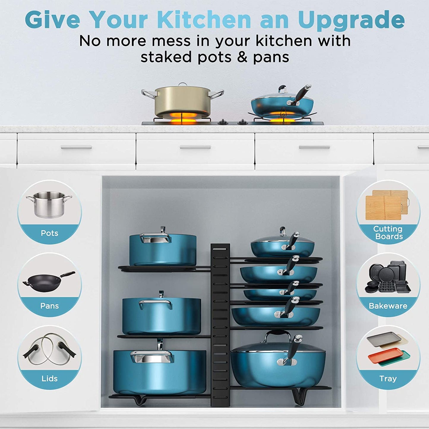 Pots and Pans Organizer for Cabinet, ORDORA 8 Tier Pot Rack with 3 DIY Methods, Adjustable Pan Organizer Rack for Cabinet, Pot Organizer for Kitchen Organization & Storage, Pot Lid Organizer