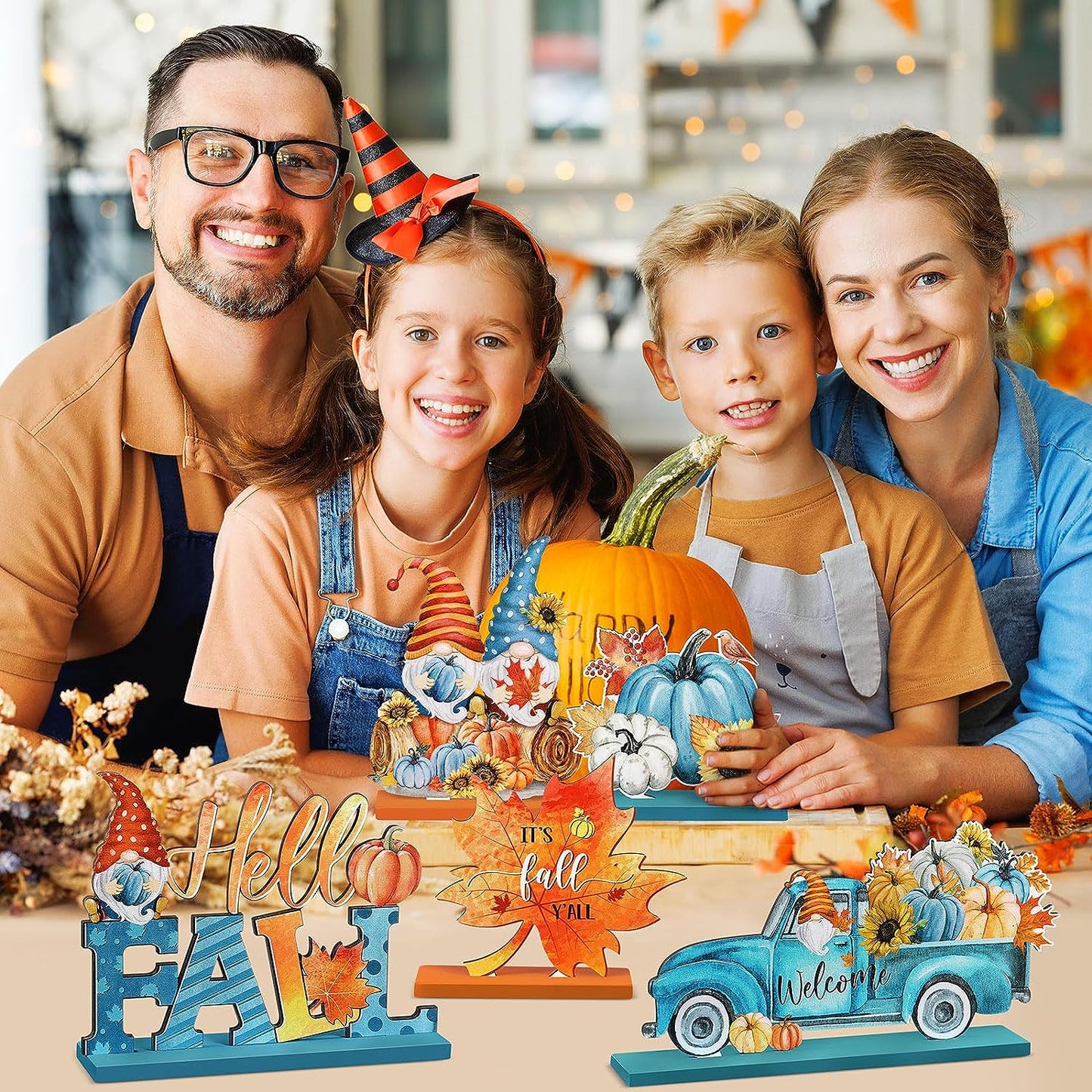 6 Pcs Fall Table Decorations Wooden Thanksgiving Table Signs Hello Fall Gnomes Pumpkin Truck Scarecrow Table Centerpieces for Autumn Harvest Thanksgiving Party Decor Supplies(Fresh)