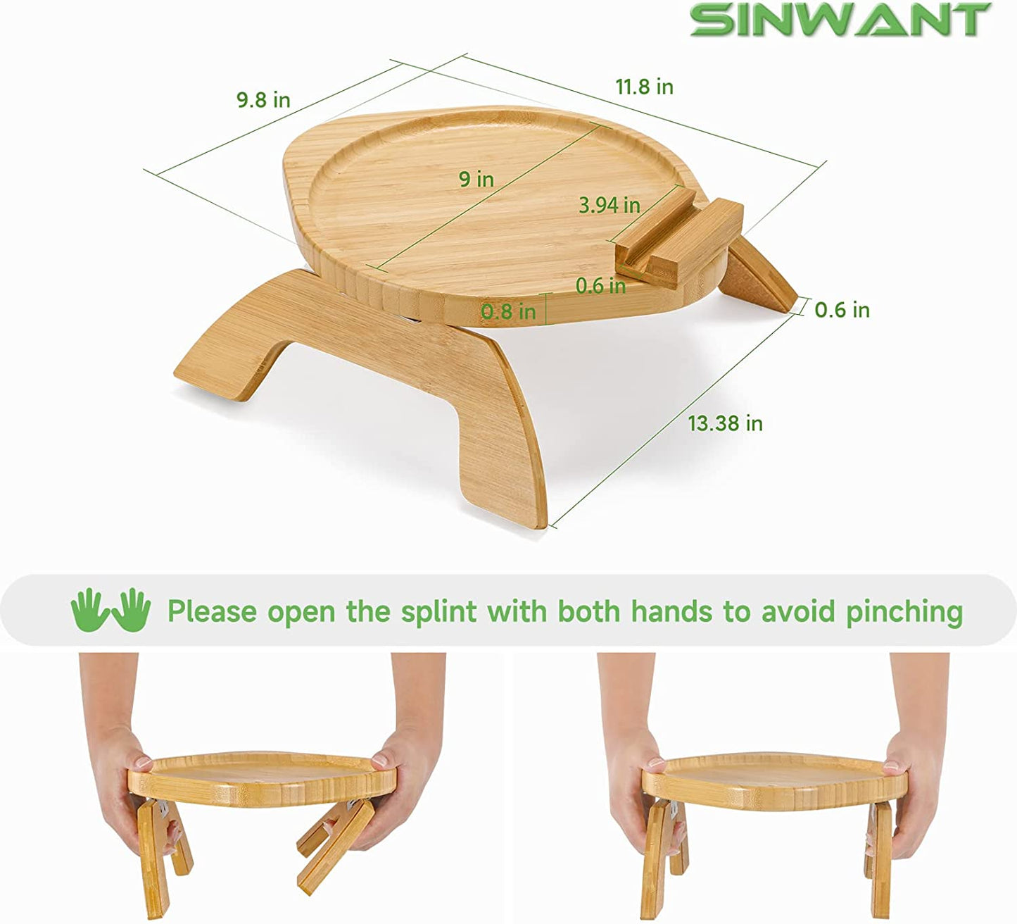 Bamboo Sofa Tray Table Clip on Side Table Couch Arm with 360° Rotating Phone Holder, Couch Tray for Arm, Sofa Table for Eating/Drinks/Snacks/Remote/Control