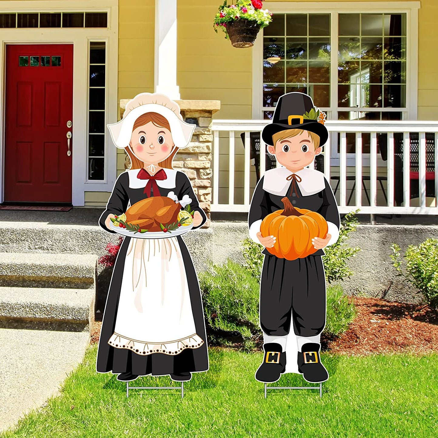 Large Thanksgiving Pilgrim Yard Sign Pilgrim Boy Girl Pumpkin Turkey Happy Fall Yard Lawn Sign with H Stands for Autumn Thanksgiving Harvest Party Outdoor Supplies Decoration, 33 X 12.6 Inch