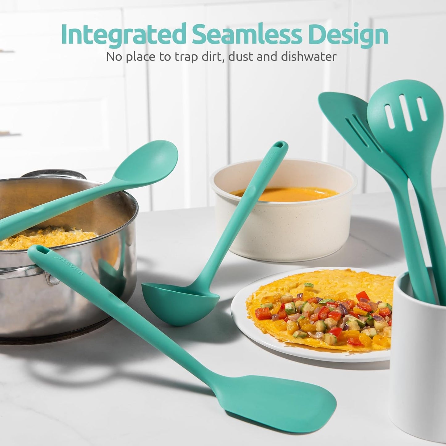 High Heat Resistant Kitchen Utensil: 13.6" Silicone Cooking Tools Gadgets Set, BPA Free Non Stick Solid and Slotted Turner Spatula, Mixing Spoon, and Soup Ladle (5 Pieces, Aqua Sky)