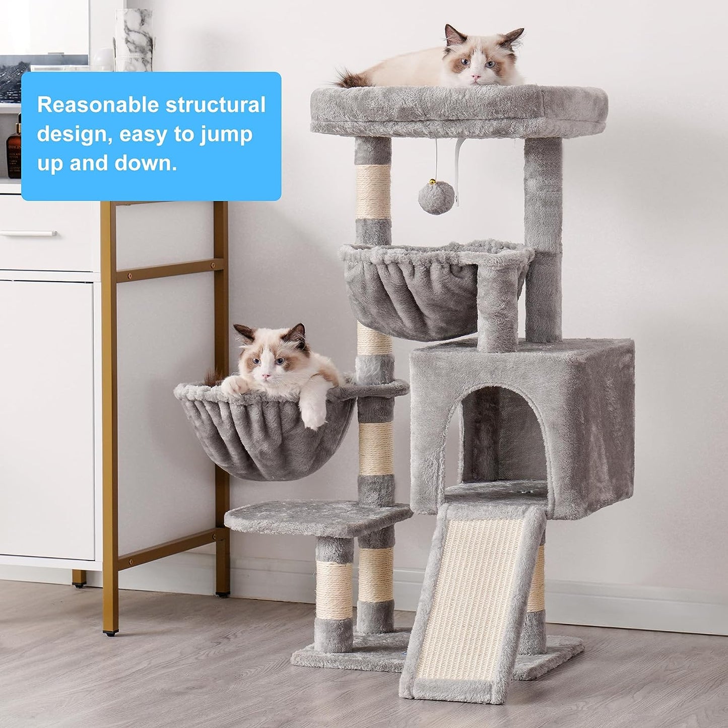 Cat Tree, Cat Tower for Indoor Cats, Cat House with Large Padded Bed, Cozy Condo, Hammocks, Sisal Scratching Posts, Big Scratcher, Light Gray MPJ006SW