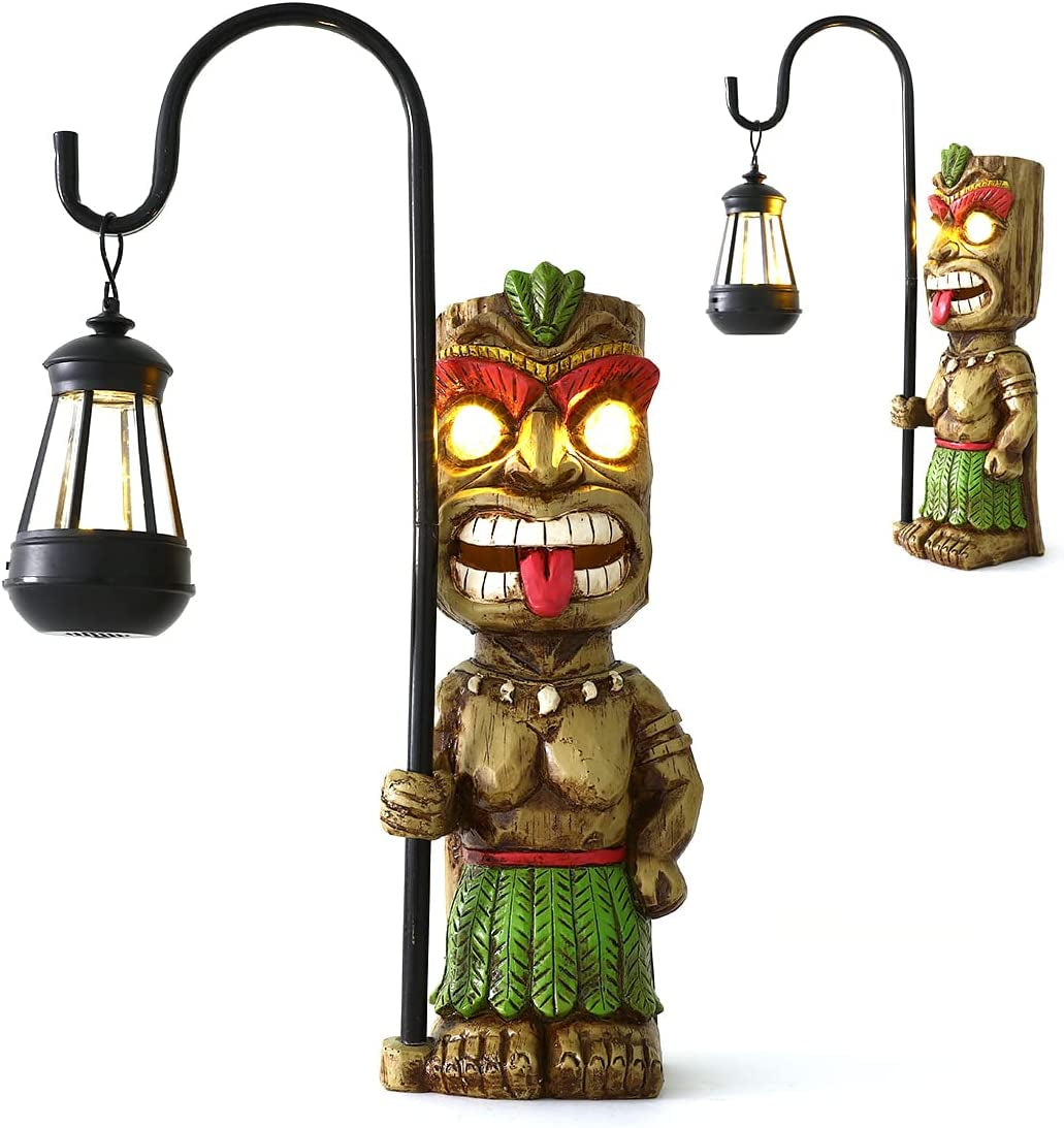Upgraded Tiki Decor Garden Statue, Large Tiki Figurine with Solar Lantern Lights, Hawaiian Tropical Tiki Man Warrior, Tiki Dude, Tiki Torch, Outdoor Patio Yard Lawn Bar Party Beach Decoration