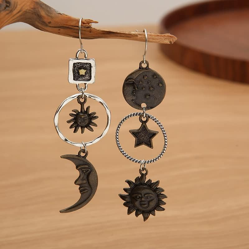 Vintage Sun Moon Star Dangle Earrings for Women Girls, Greek Mythology Asymmetric Drop Earrings (Gold)
