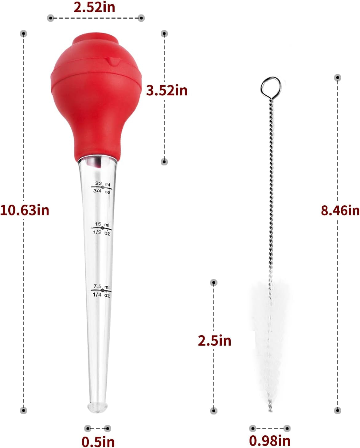 Turkey Baster Food Grade for Cooking & Basting, Detachable round Bulb, Baster Cooking Good for Meat Poultry Beef Chicken, with Cleaning Brush, Inject Needle, Basting Brush(Red)