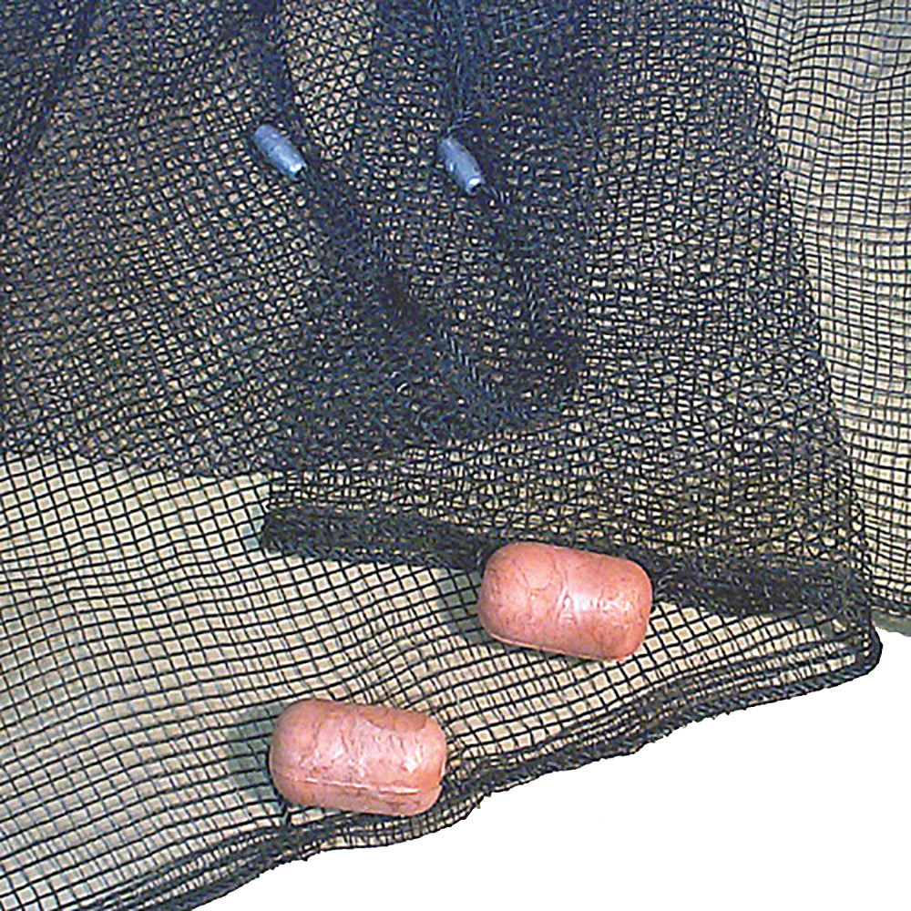 Close-up of a black Frabill seine net with floats attached, showing the mesh detail and camouflage color.