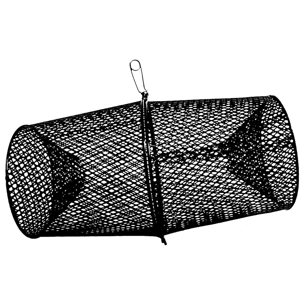A black Frabill Torpedo Trap made of vinyl dipped steel mesh, designed for catching minnows.