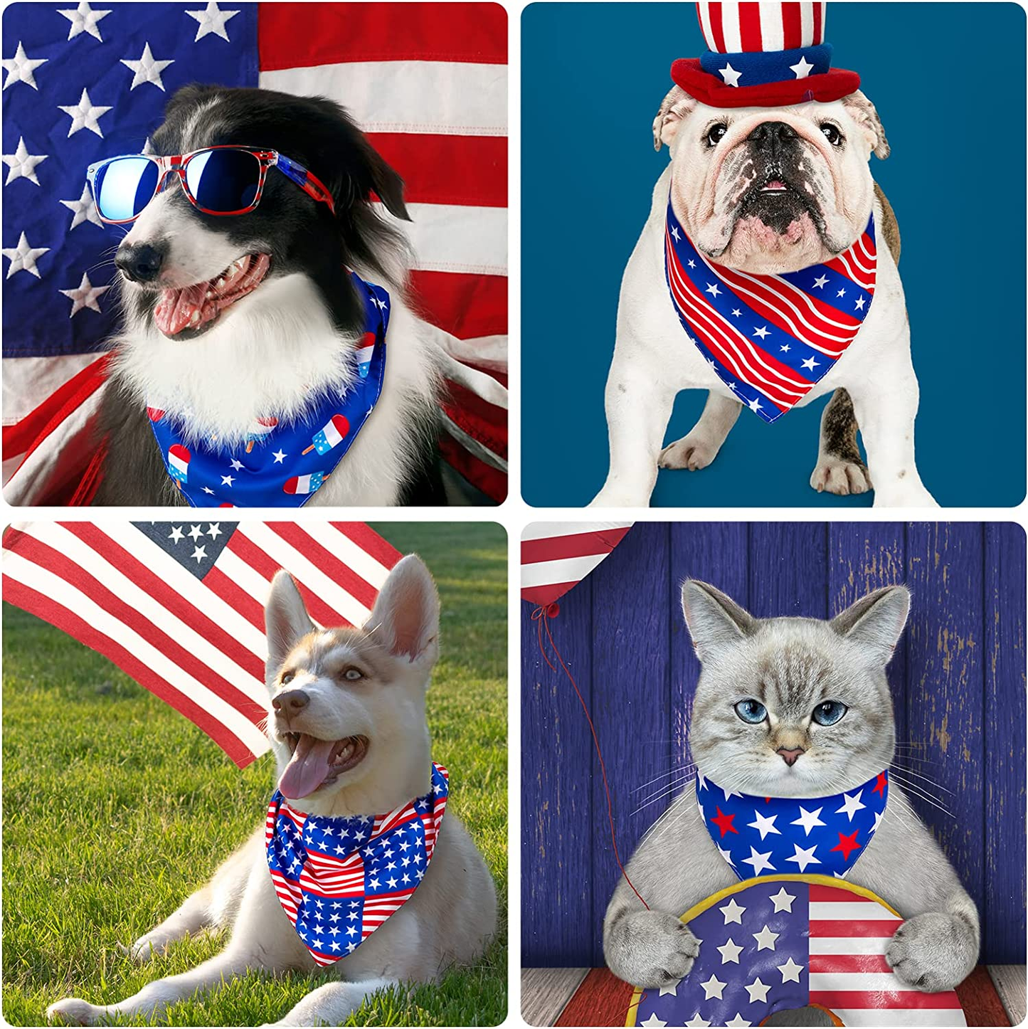 4 Pack 4Th of July Dog Bandanas American Flag Reversible Triangle Dog Bibs Patriotic Stars Stripes Pet Scarf Independence Day Dog Neckerchief for Small Medium Large Pet Cat Dog Memorial Day