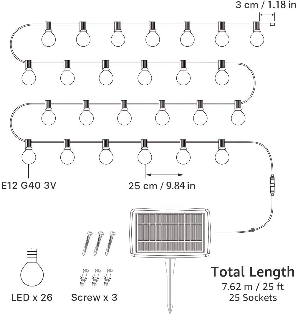 LE Solar Outdoor String Lights LED Patio Lights, USB Rechargeable Portable Bistro Lights, 25Ft 25 G40 Bulbs Edison Café String Lights for Porch, Pergola, Backyard, Deck, Garden, Pool, Party, Wedding