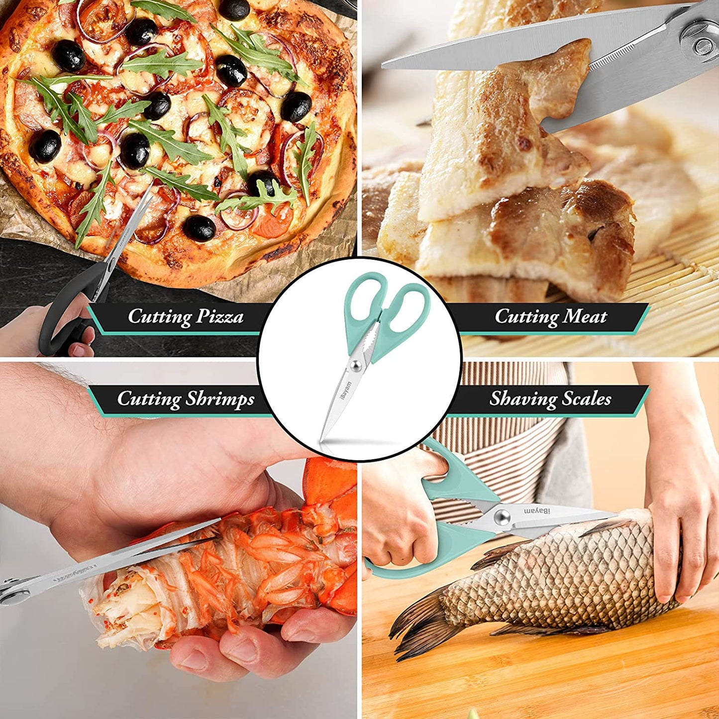 Kitchen Shears, Kitchen Scissors Heavy Duty Meat Scissors Poultry Shears, Dishwasher Safe Food Cooking Scissors All Purpose Stainless Steel Utility Scissors, 2-Pack, Black, Aqua Sky