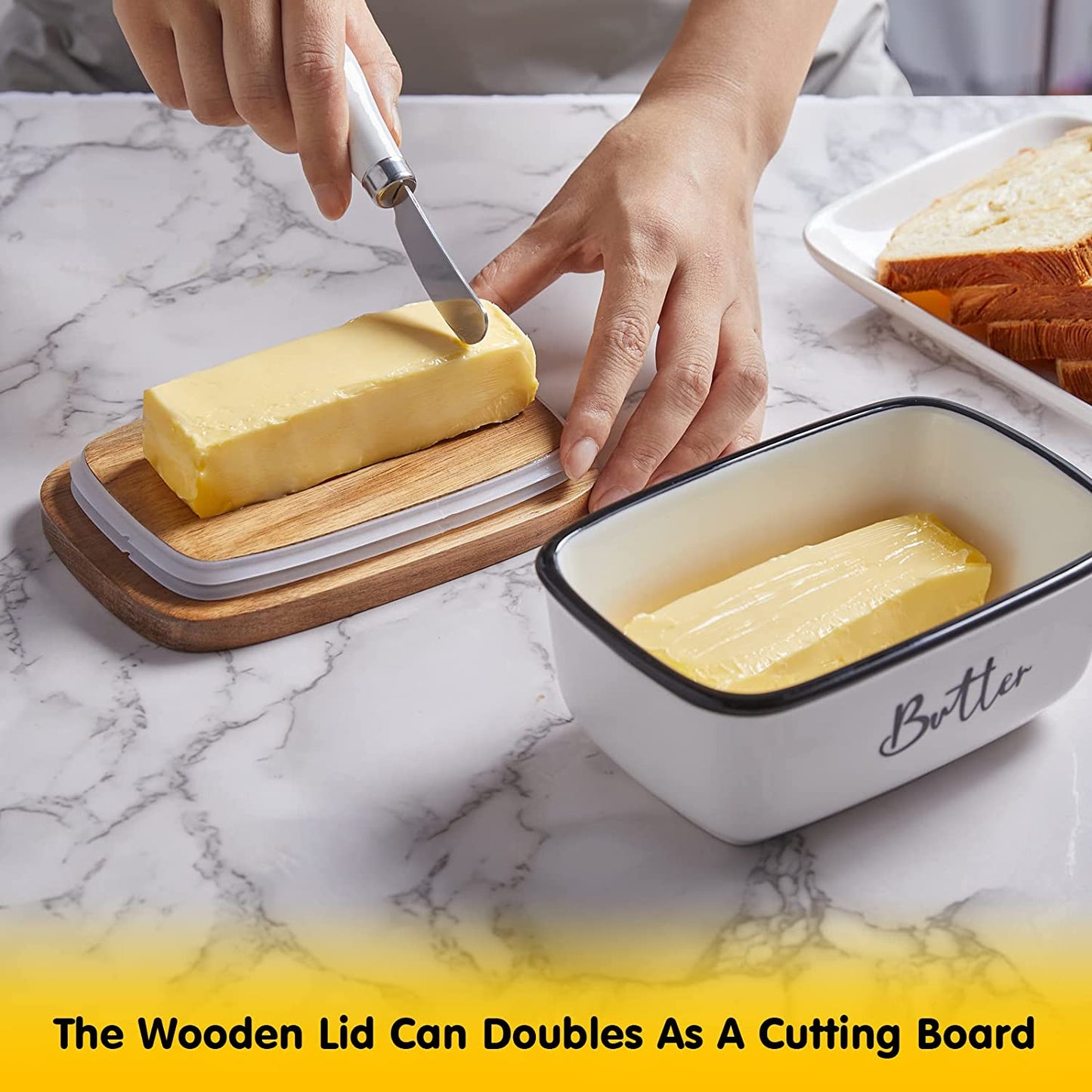 Farmhouse Butter Dish with Lid and Knife for Countertop, Airtight Butter Keeper for Counter or Fridge, Ceramic Butter Container with Thick Acacia Wood Lid, for Kitchen Decor and Accessories, White