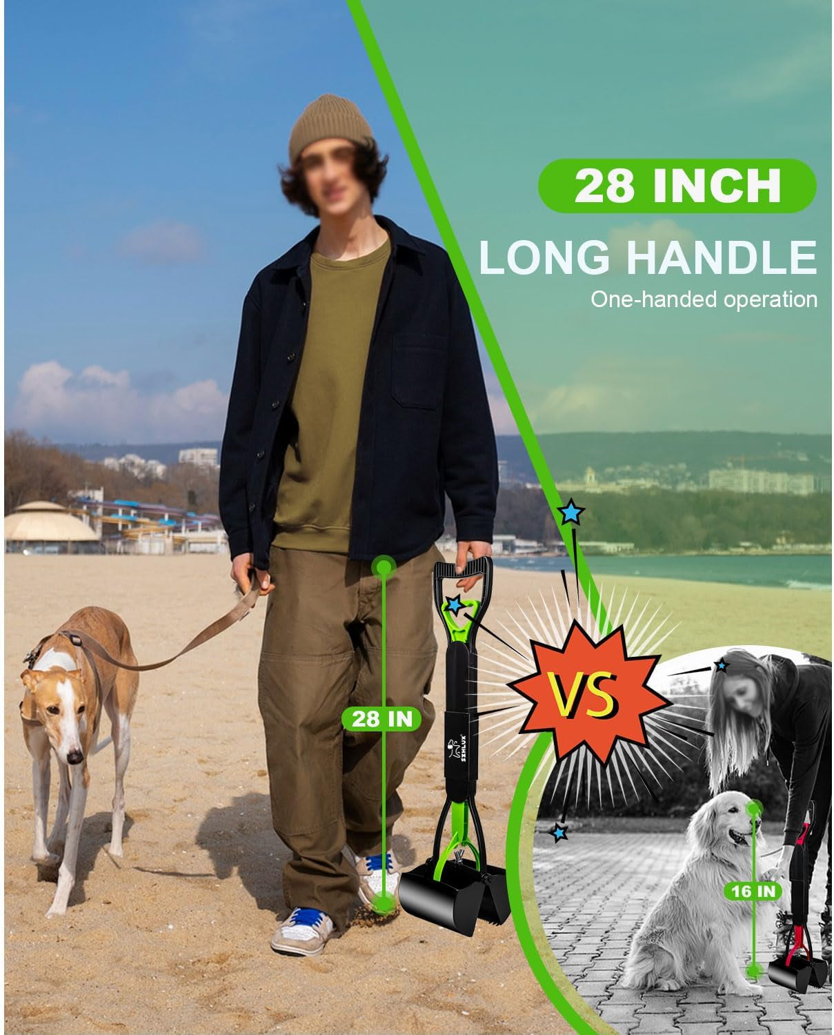 28" Pooper Scooper, Foldable Dog Pooper Scooper with Unbreakable Material and Durable Spring for Grass and Gravel, Green