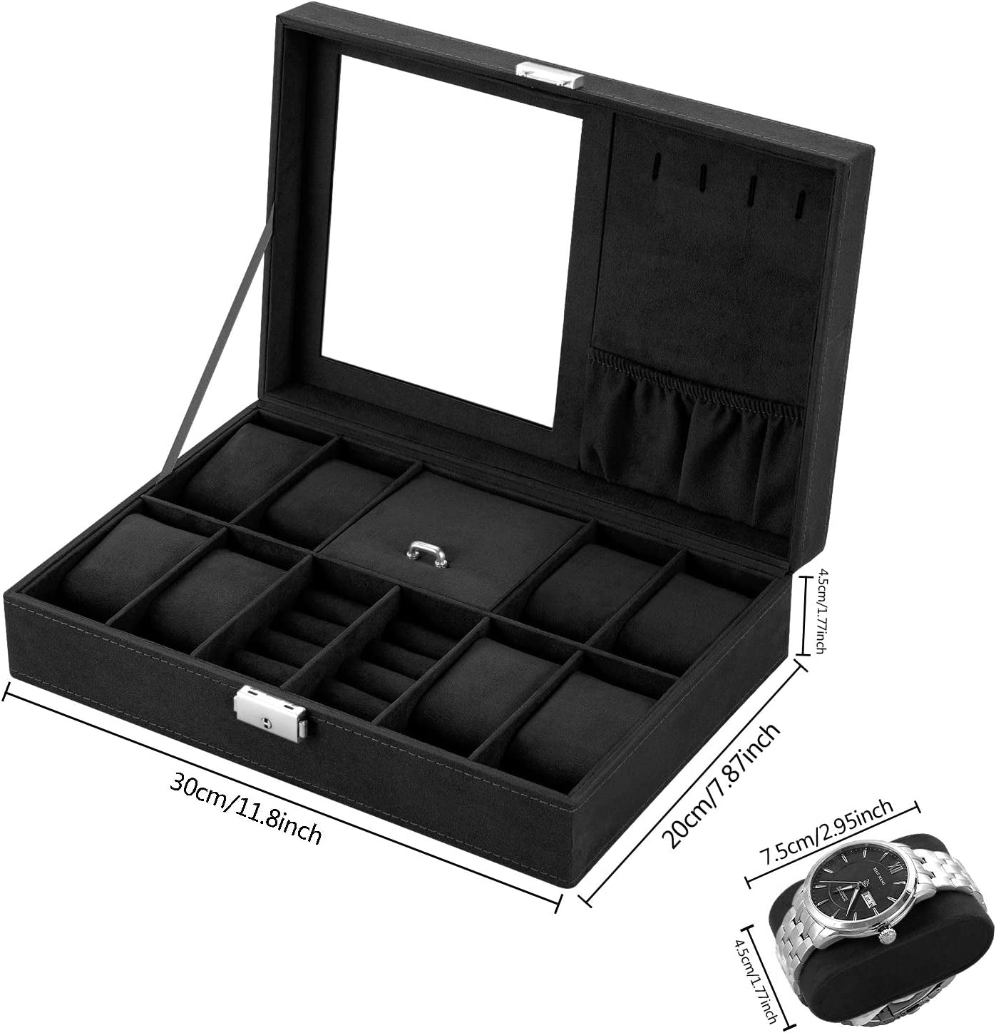 Oyydecor Jewelry Box Watch Box Organizer 8-Slot Storage Watch Organizer Case Jewelry Display Case Organizer with Mirror (Black)