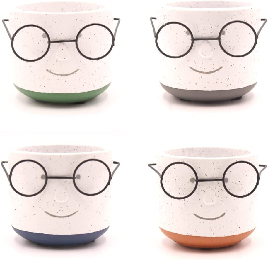 Face Planter Pots Head with Glasses for Indoor Outdoor Plants Cute Unique Succulent Cactus Planter with Drainage Hole Cement 4 Inch (Green)