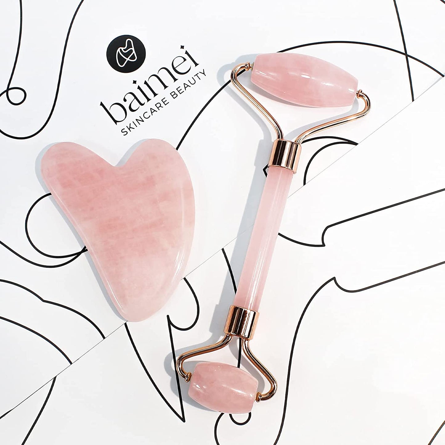 Jade Roller & Gua Sha, Face Roller, Facial Beauty Roller Skin Care Tools, Rose Quartz Massager for Face, Eyes, Neck, Body Muscle Relaxing and Relieve Fine Lines and Wrinkles