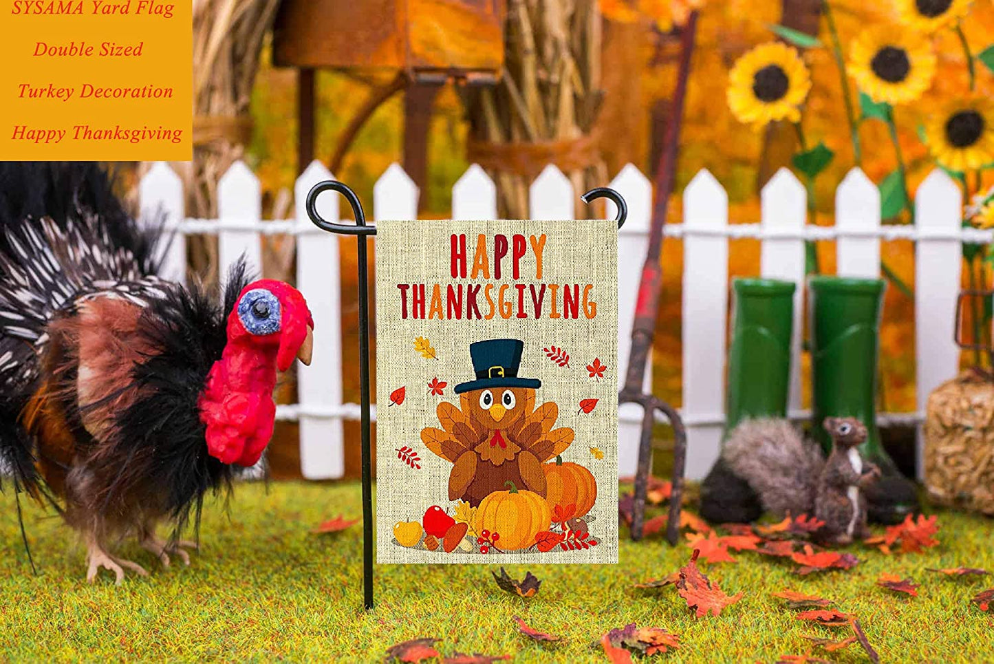Decorative Happy Thanksgiving Turkey Garden Flag 12 X 18 Doule-Sized Autumn Harvest Yard Flag Winter Garden Yard Decorations, Seasonal Outdoor Flag