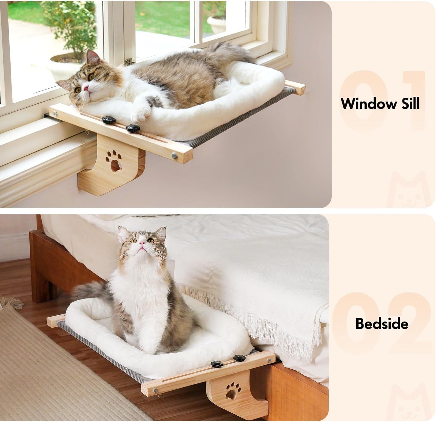Cat Sill Window Perch Sturdy Cat Hammock Window Seat with Cushion Bed Cover, Wood & Metal Frame for Large Cats, Easy to Adjust Cat Bed for Windowsill, Bedside, Drawer and Cabinet(Cushion Bed)