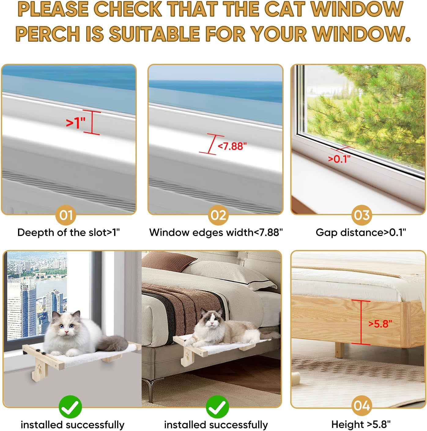 Cat Window Perch, Cat Window Hammock for Indoor Cats, Easy to Adjust & Assemble Large Cat Bed Seat for Windowsill, Bedside,Drawer and Cabinet