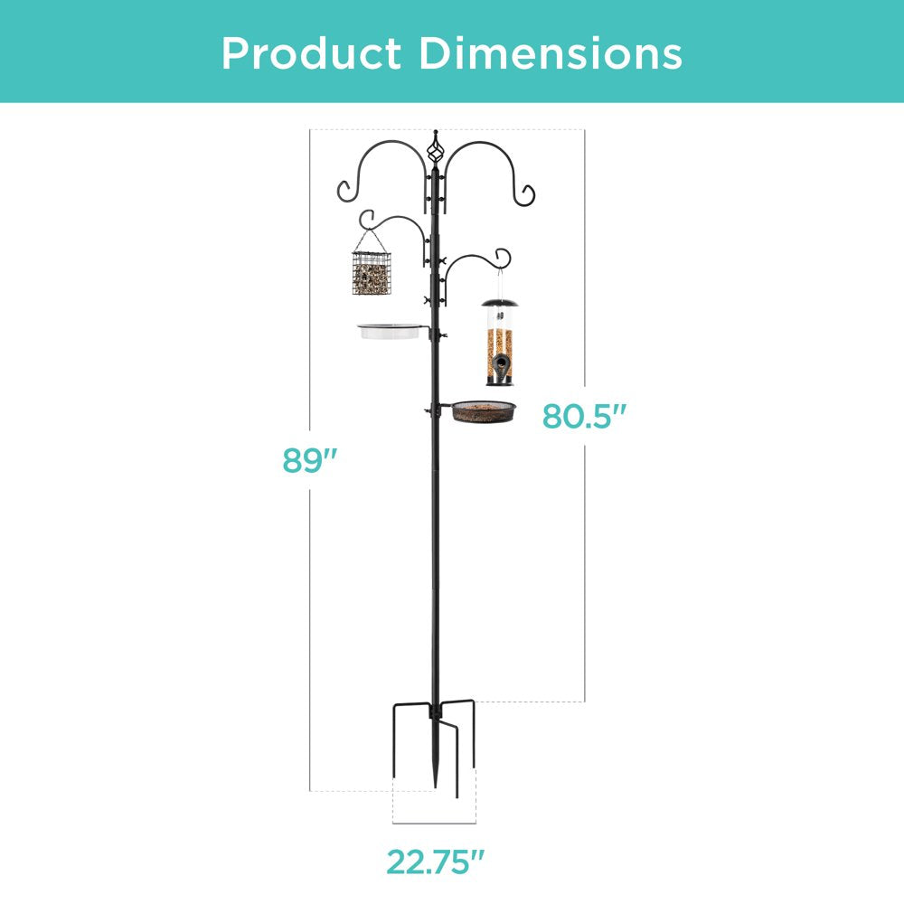91In 4-Hook Bird Feeding Station, Steel Multi-Feeder Stand W/ 2 Feeders, Tray, Bird Bath - Black