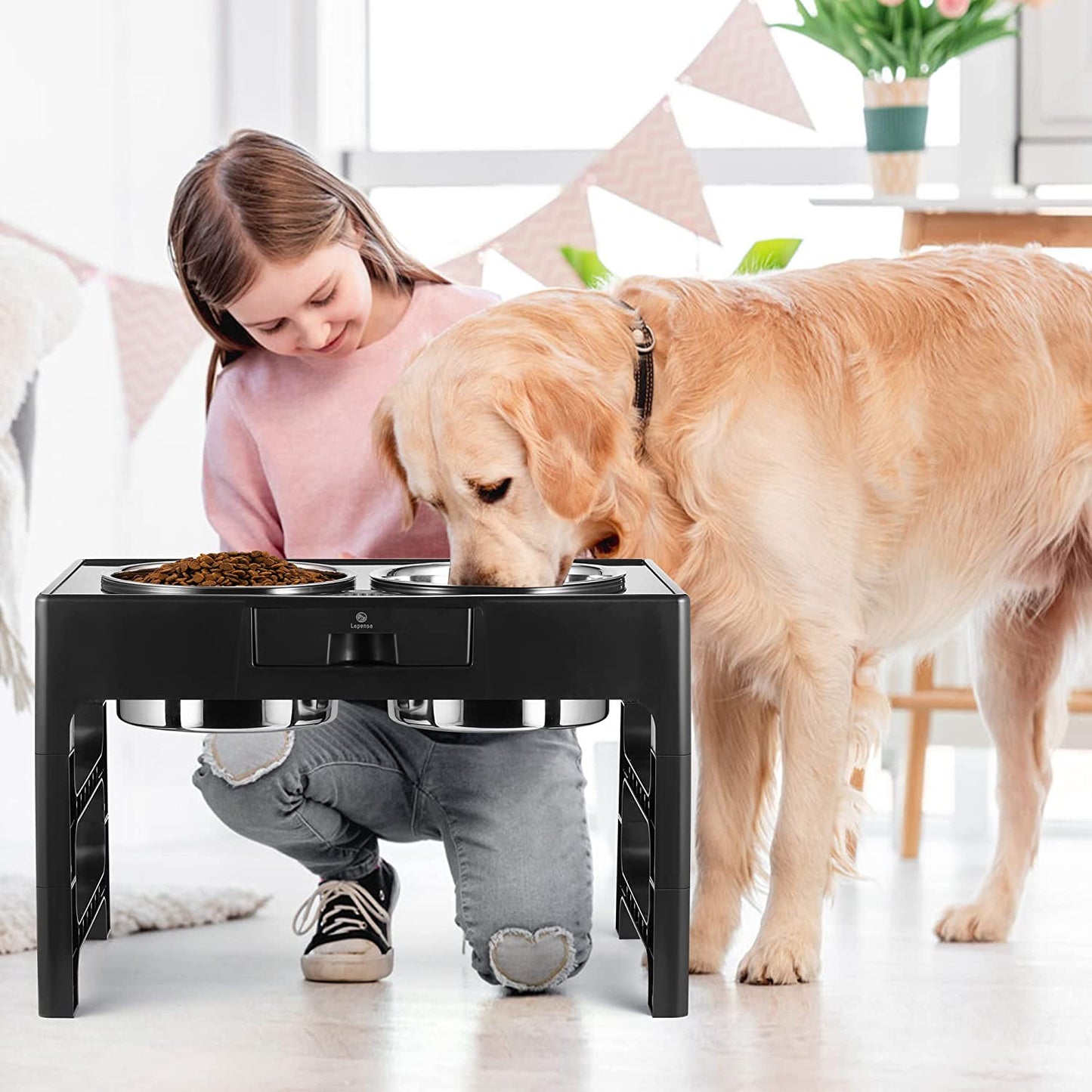 Elevated Dog Bowls, Stainless Steel Raised Dog Bowl with Adjustable Stand, Double Dog Food and Water Bowl for Medium Large Dogs, 3 Heights 3.9β, 7.8β, 11.8β,(Black)