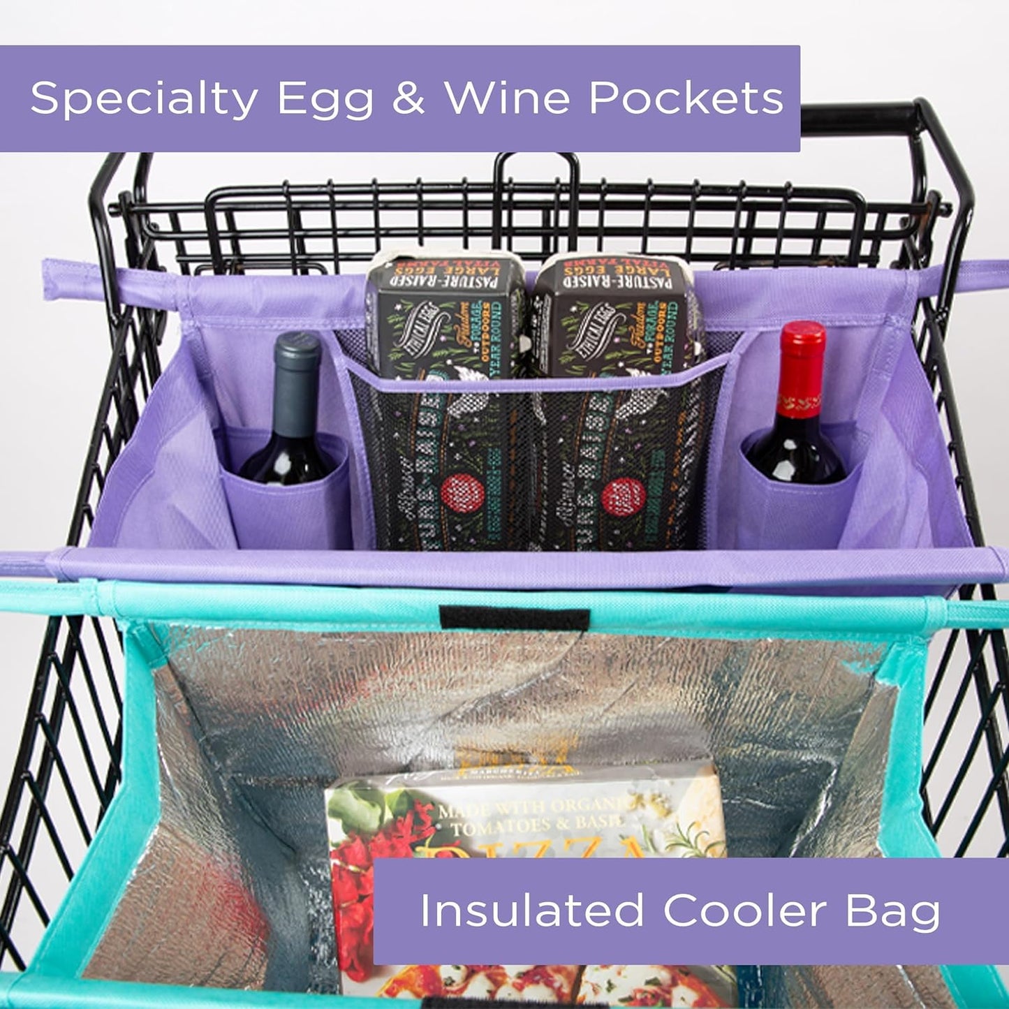 Grocery Store Reusable Easy Cart and Pack Set of 4 -W/Lrg COOLER Bag & Egg/Wine Holder! Reusable Grocery Cart Bags Sized for USA. Washable Eco-Friendly 4-Bag Grocery Tote.