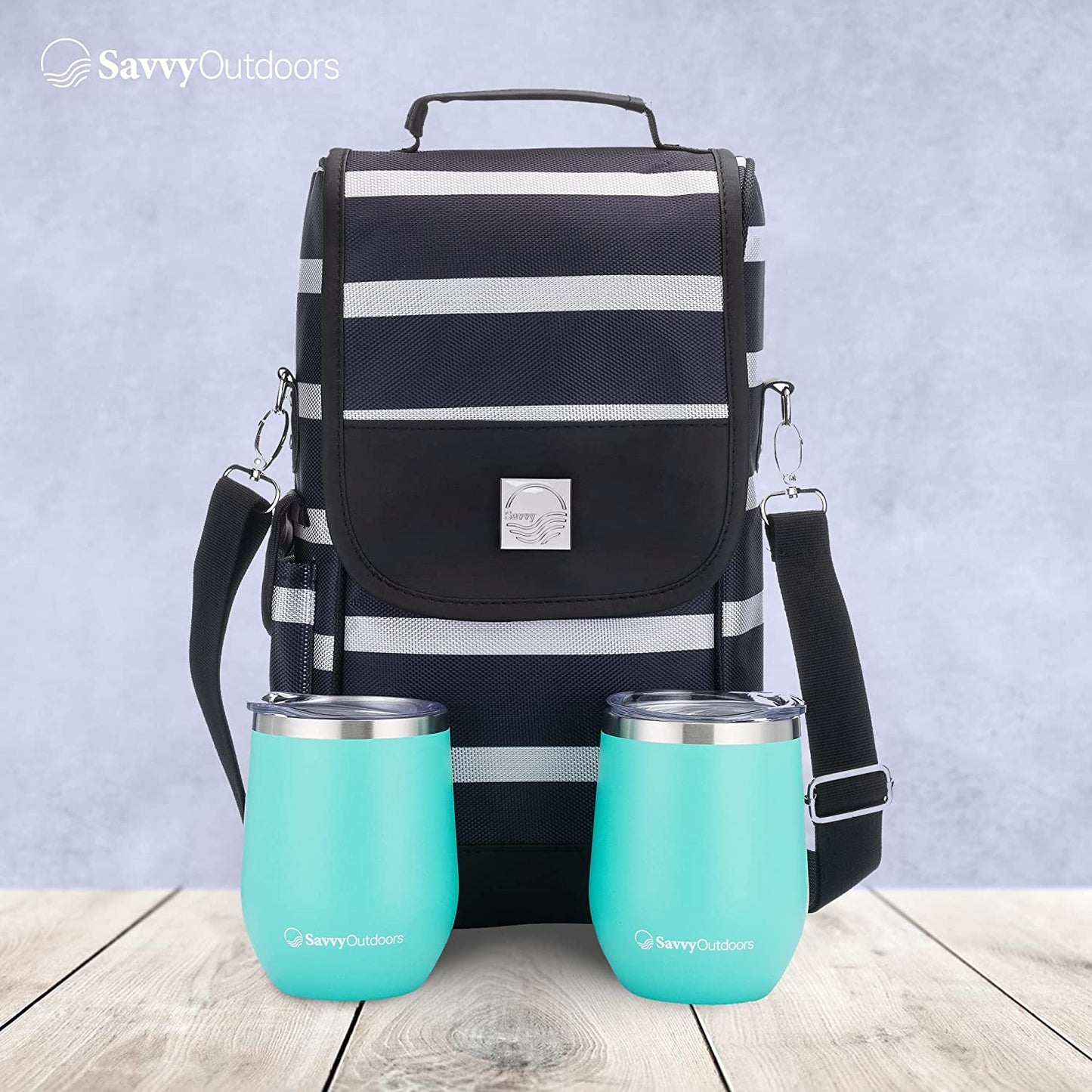 Savvy Outdoors Wine Tote Bag with Stemless Wine Glasses - Bottle Wine Bag with 2 Premium Insulated Wine Cups & Exterior Storage Pouch - Foldable Wine Carrier and Portable Wine Cooler Bags