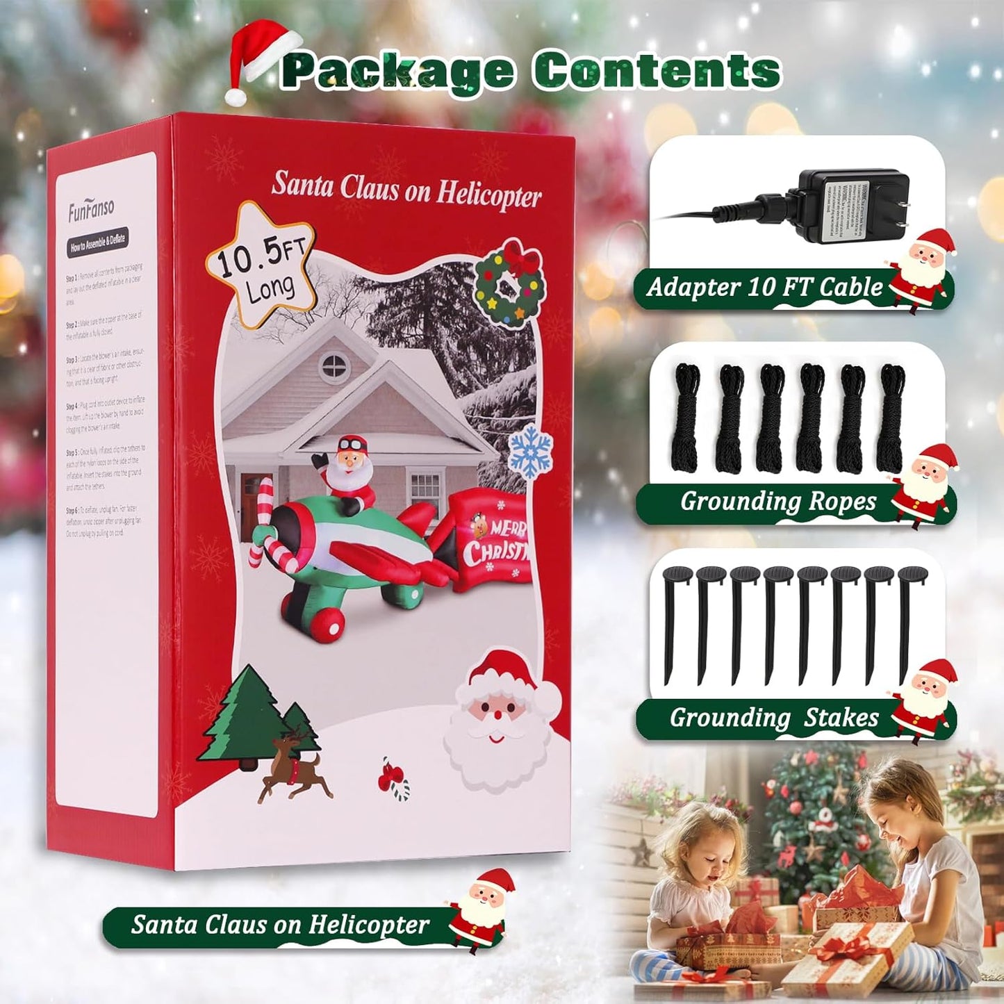 10.5 FT Animated Christmas Inflatables Santa Claus on Airplane, Santa Claus on Helicopter with Merry Christmas Banner, Xmas Blow Ups Outdoor Decorations for Yard Garden Lawn Holiday Home Party Decor