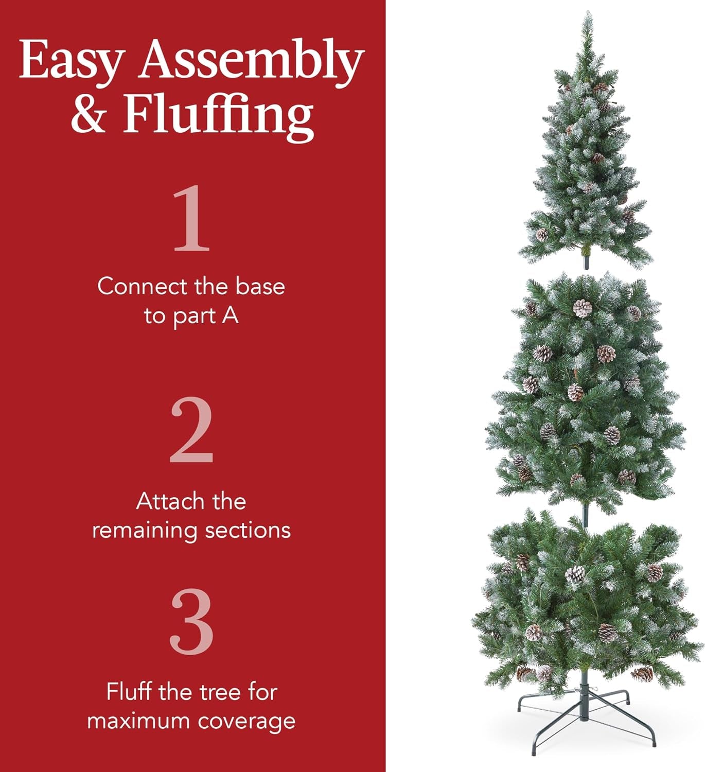 7.5Ft Pre-Lit Pencil Christmas Tree, Partially Flocked & Frosted Slim Holiday Tree Decoration, Skinny Xmas Tree, 350 Lights, 1,075 Frosted Tips, 64 Pine Cones, Foldable Stand