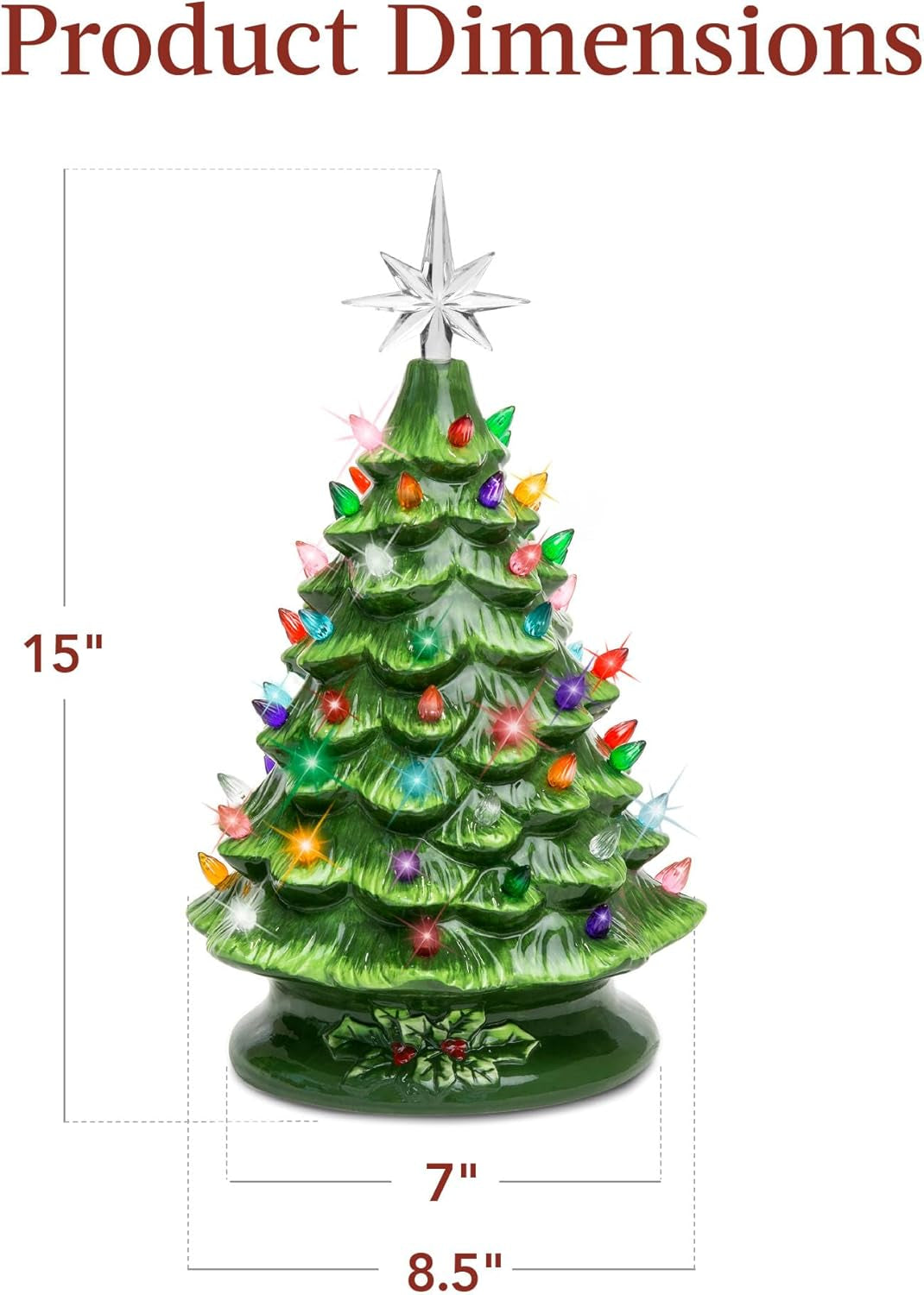 15In Ceramic Christmas Tree, Pre-Lit Hand-Painted Tabletop Holiday Tree, Star Topper, 64 Lights - Green W/Multicolored Bulbs