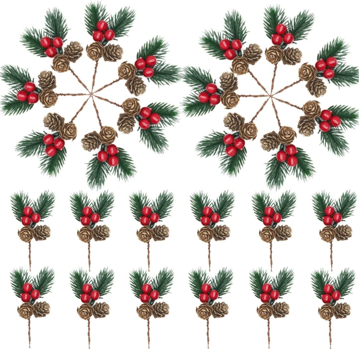 Christmas Floral Picks, 30Pcs Pine Cone Holly Berry Stems for Crafts, Artificial Christmas Picks and Sprays, Red Berry Branches Greenery for Christmas Home Decor, Garland, Wreath (30)