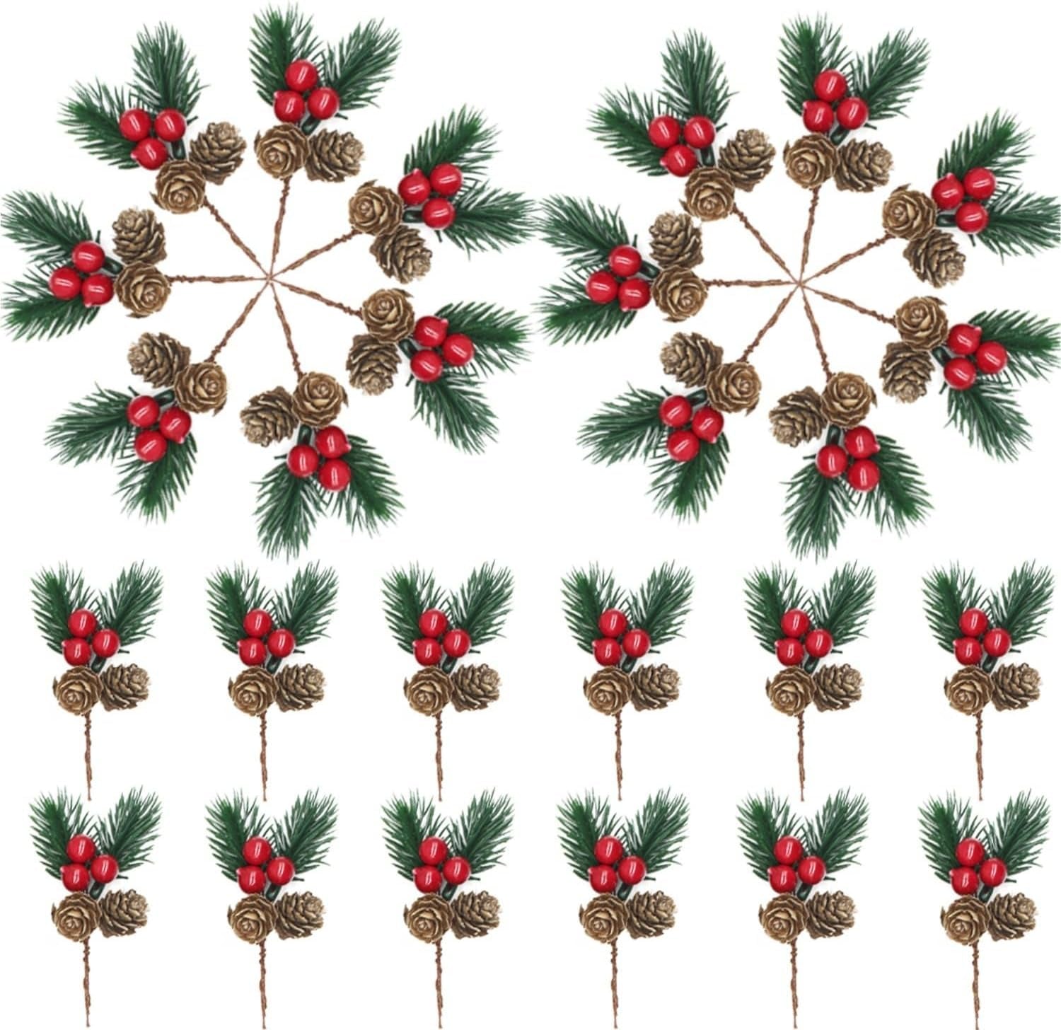 Christmas Floral Picks, 30Pcs Pine Cone Holly Berry Stems for Crafts, Artificial Christmas Picks and Sprays, Red Berry Branches Greenery for Christmas Home Decor, Garland, Wreath (30)