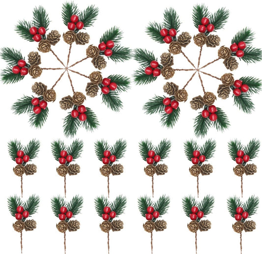Christmas Floral Picks, 30Pcs Pine Cone Holly Berry Stems for Crafts, Artificial Christmas Picks and Sprays, Red Berry Branches Greenery for Christmas Home Decor, Garland, Wreath (30)