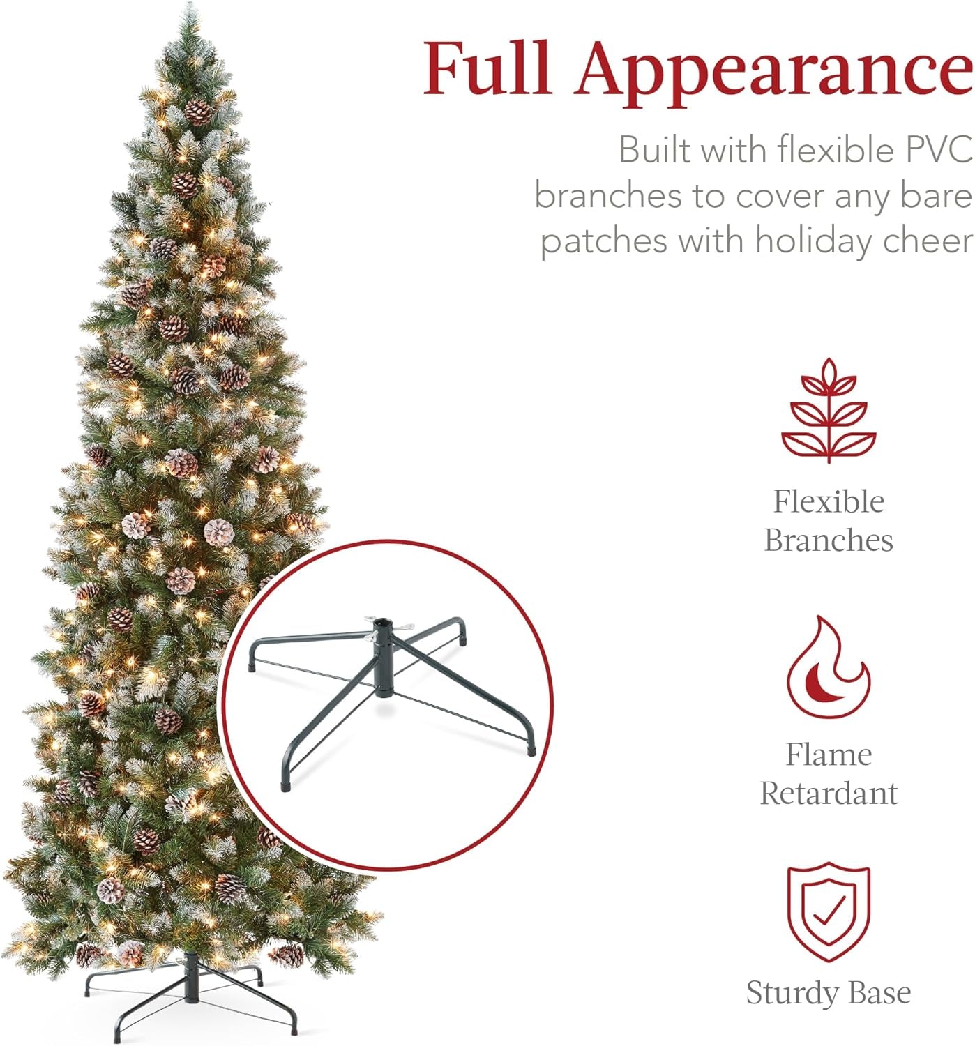 7.5Ft Pre-Lit Pencil Christmas Tree, Partially Flocked & Frosted Slim Holiday Tree Decoration, Skinny Xmas Tree, 350 Lights, 1,075 Frosted Tips, 64 Pine Cones, Foldable Stand