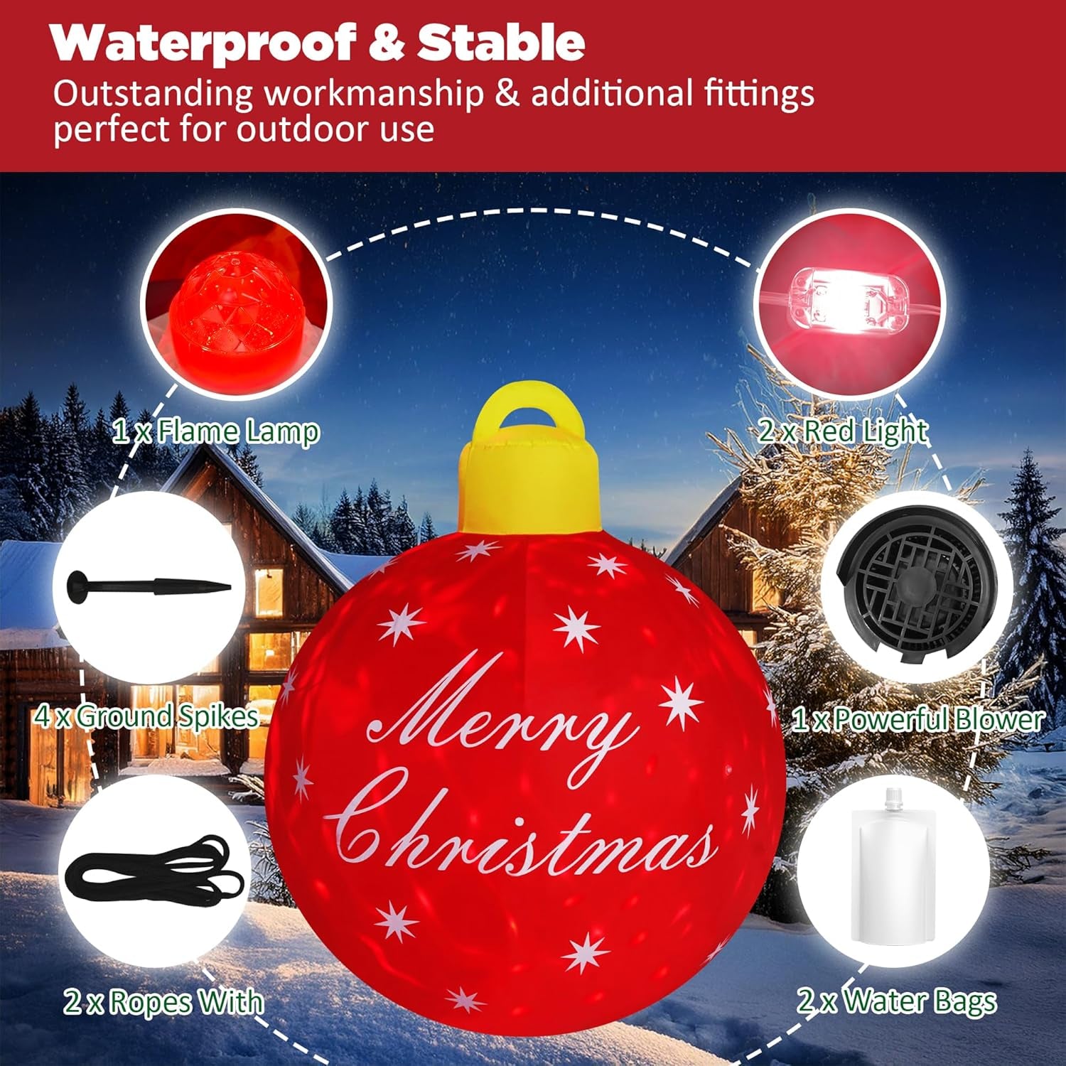 4FT Giant Merry  Blow up Cute Christmas Decor Built-In LED Xmas Yard outside Indoor Party Lawn Garden Porch Lawn Holiday(4Ft Merry Christmas Ball)