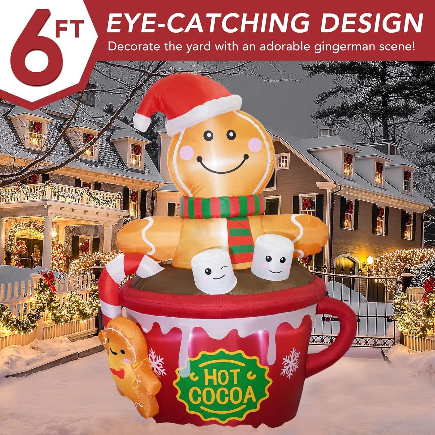 6 FT Christmas Inflatables Outdoor Decorations, Cute Christmas Blow up Yard Decorations Gingerbread Man in Hot Cocoa Mug Scene for Garden Lawn Xmas Decor