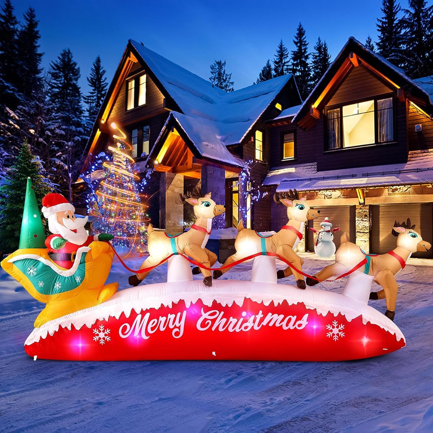 10FT Christmas Inflatables Outdoor Decorations Santa Claus Reindeer Sleigh